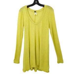 Free People We The Free T Shirt Womens M Yellow V Neck Distressed Long Sleeve